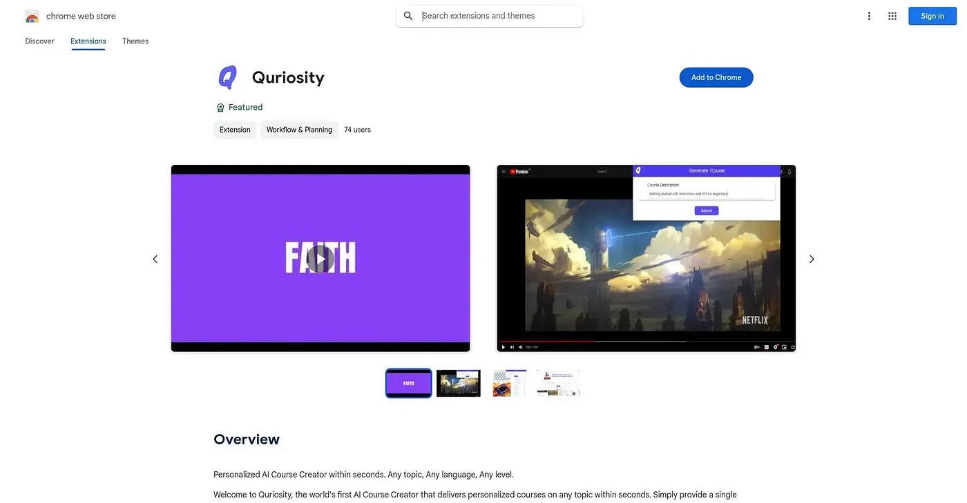 Screenshot of Quriosity Chrome Extension