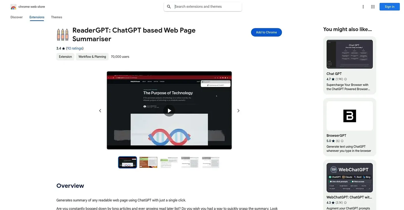 Screenshot of ReaderGPT Chrome Extension