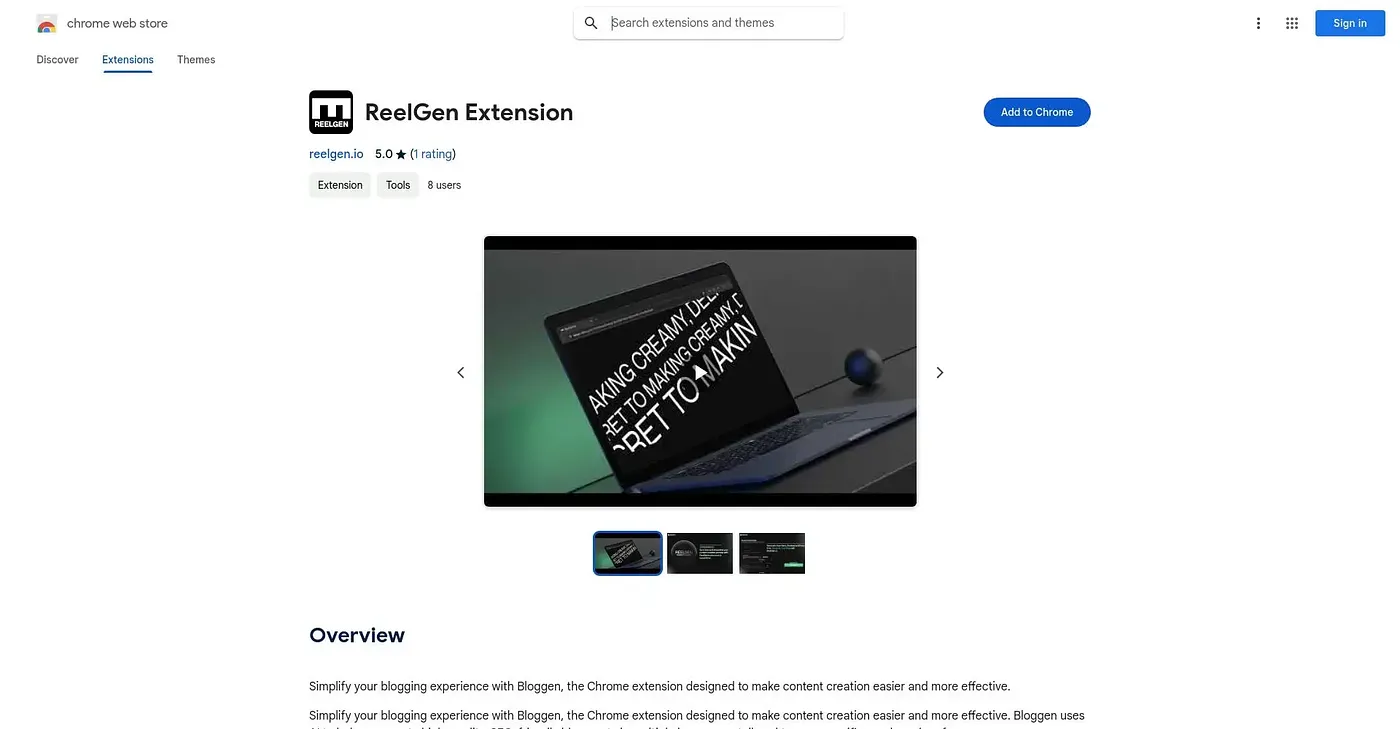 Screenshot of Reelgen Extension