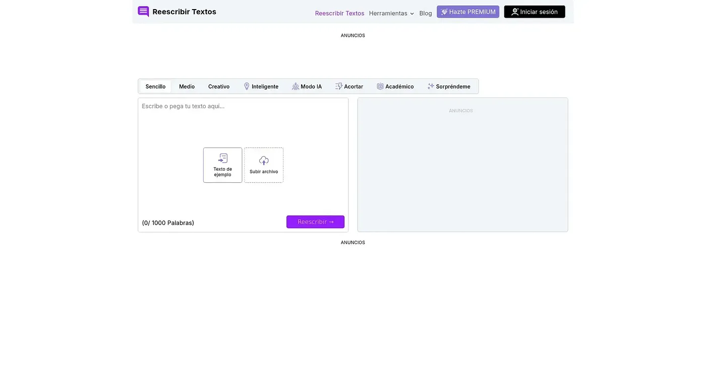 Screenshot of Reescribir Textos