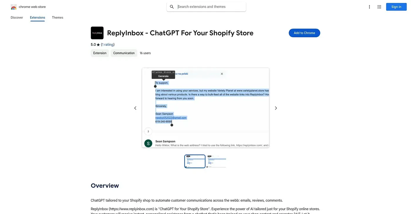 Screenshot of ReplyInbox Chrome Extension