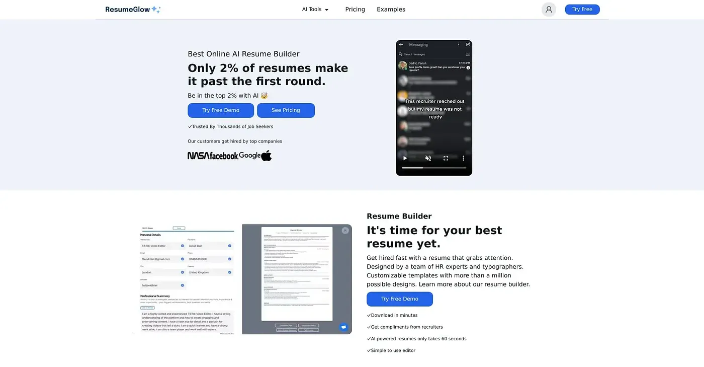 Screenshot of Resume Glow