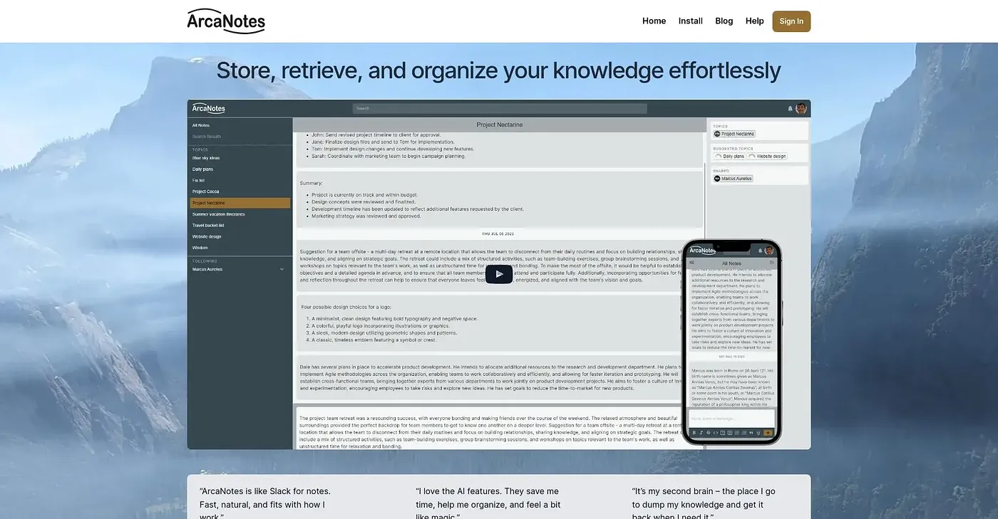 Screenshot of ArcaNotes