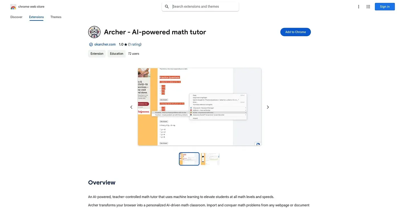 Screenshot of Archer AI Powered Math Tutor