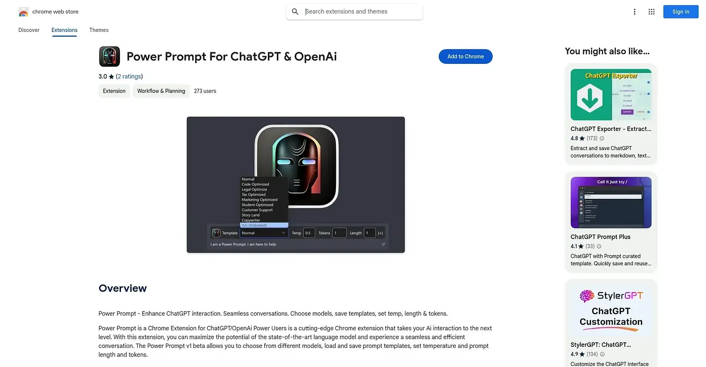 Screenshot of Power Prompt - Enhance ChatGPT interaction Chrome Extension
