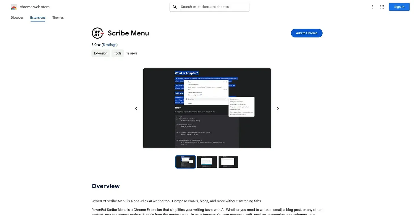 Screenshot of PowerExt Scribe Menu Chrome Extension