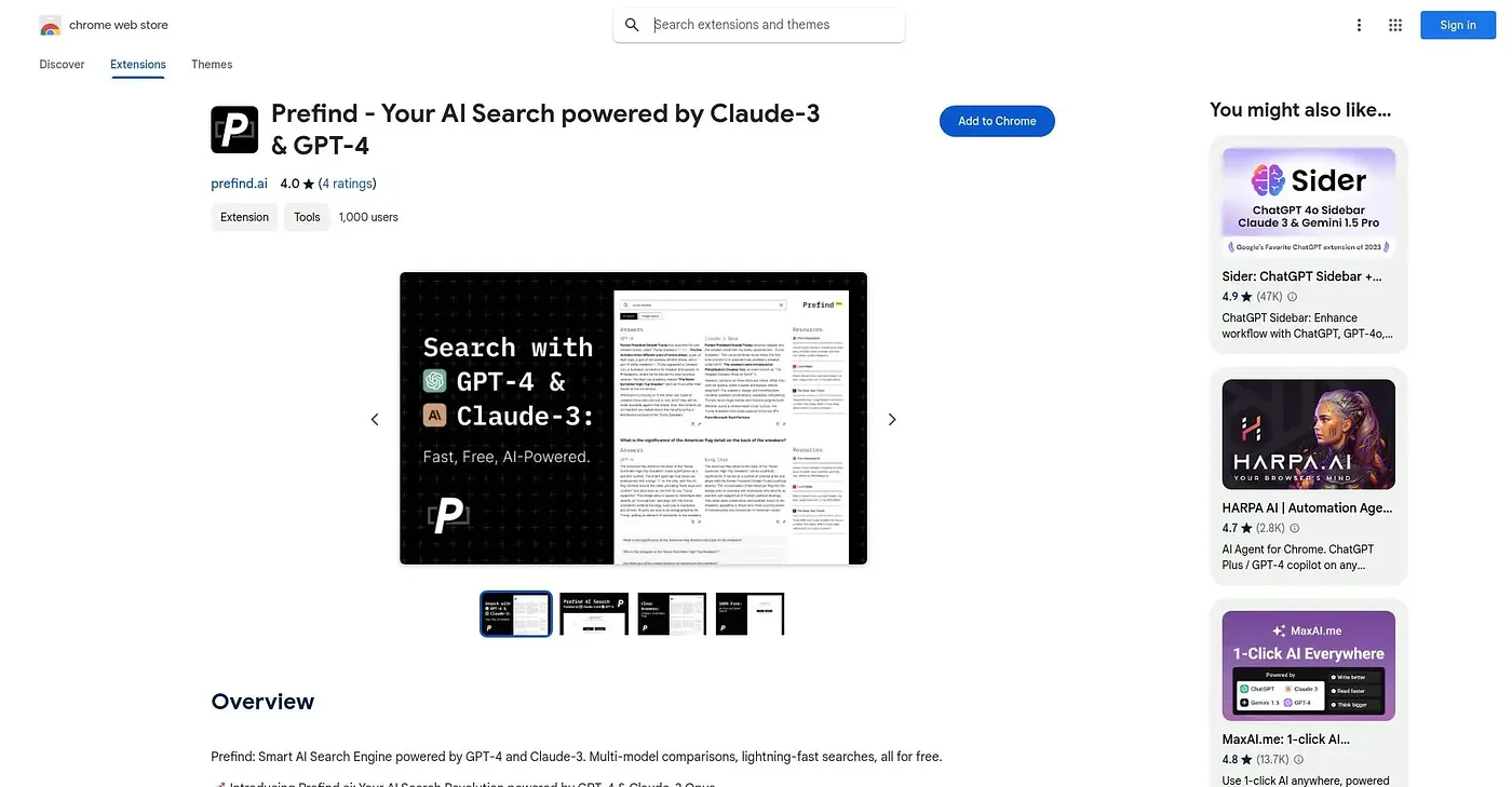 Screenshot of Prefind: Smart AI Search Engine Chrome Extension