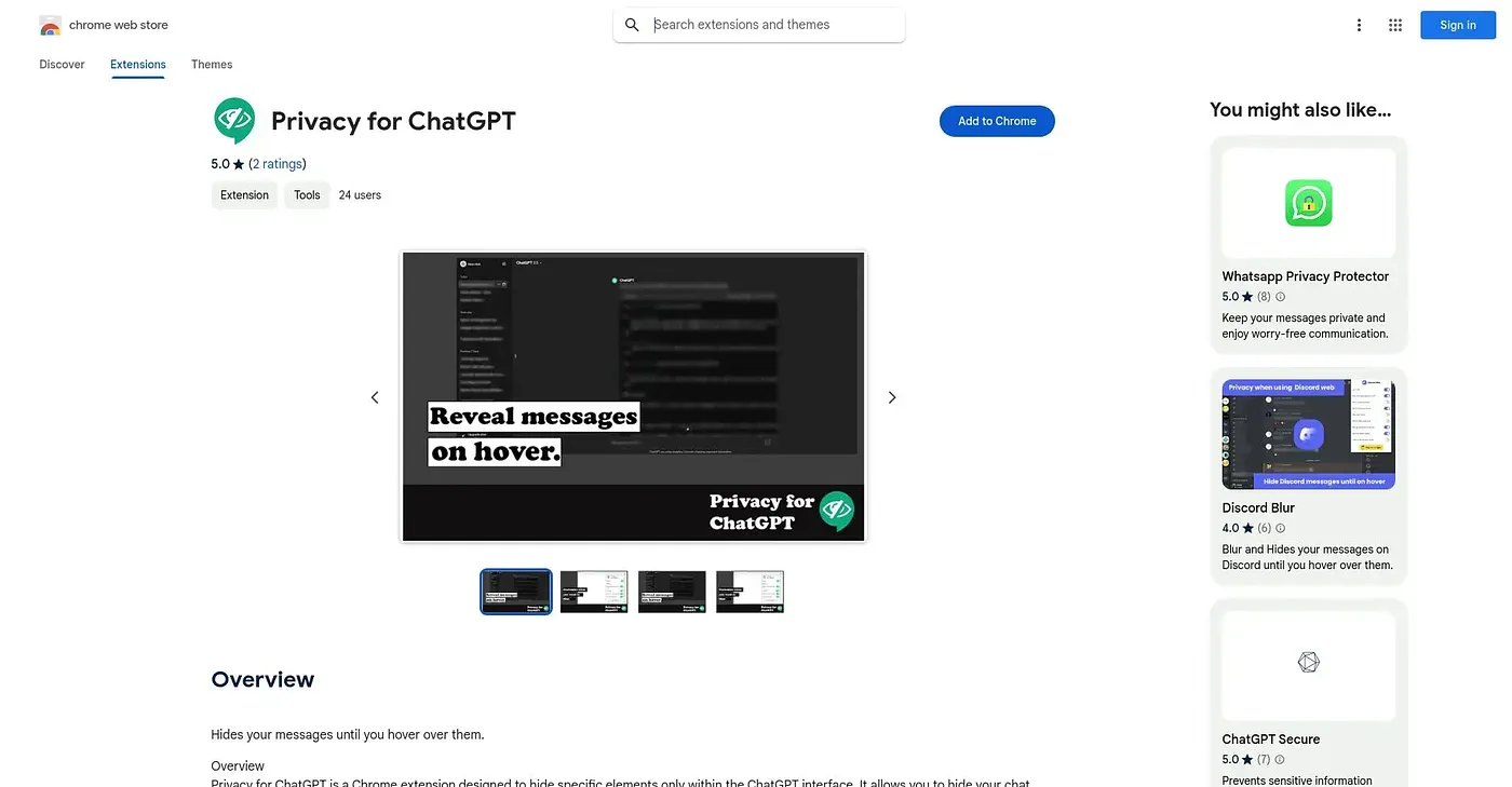 Screenshot of Privacy For ChatGPT Chrome Extension