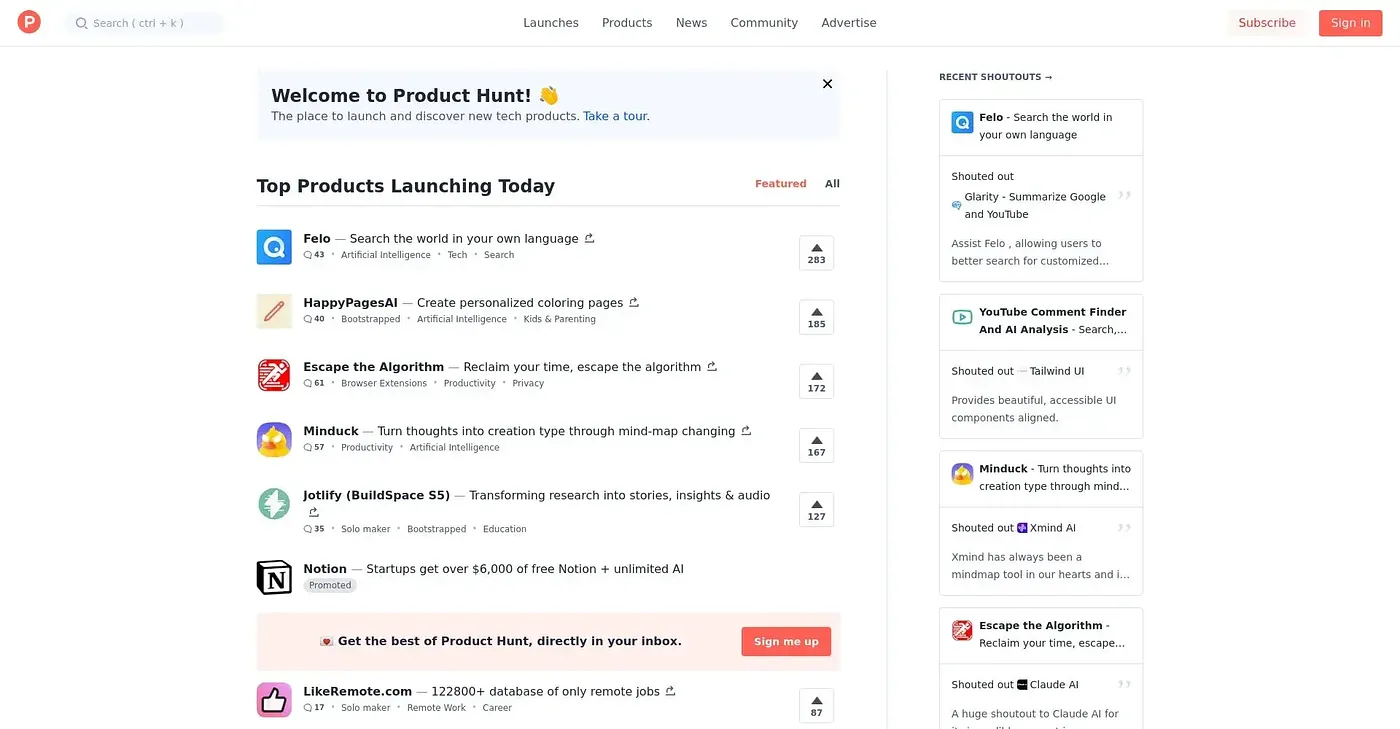 Screenshot of Product Hunt