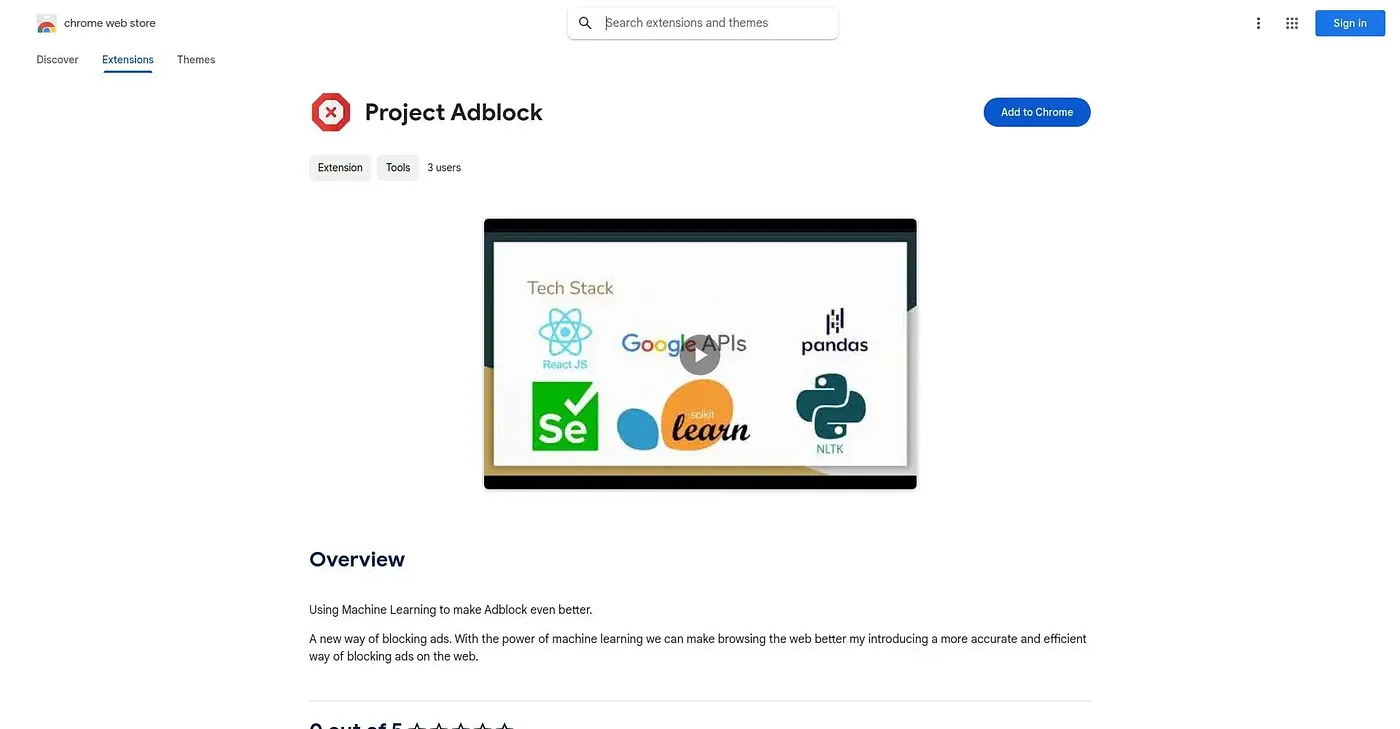 Screenshot of Project Adblock Chrome Extension