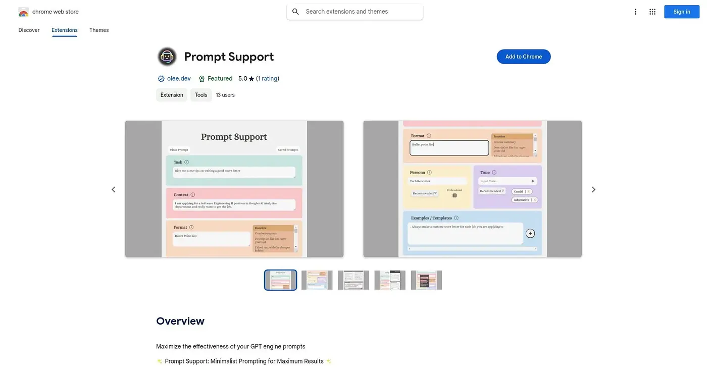 Screenshot of Prompt Support Chrome Extension