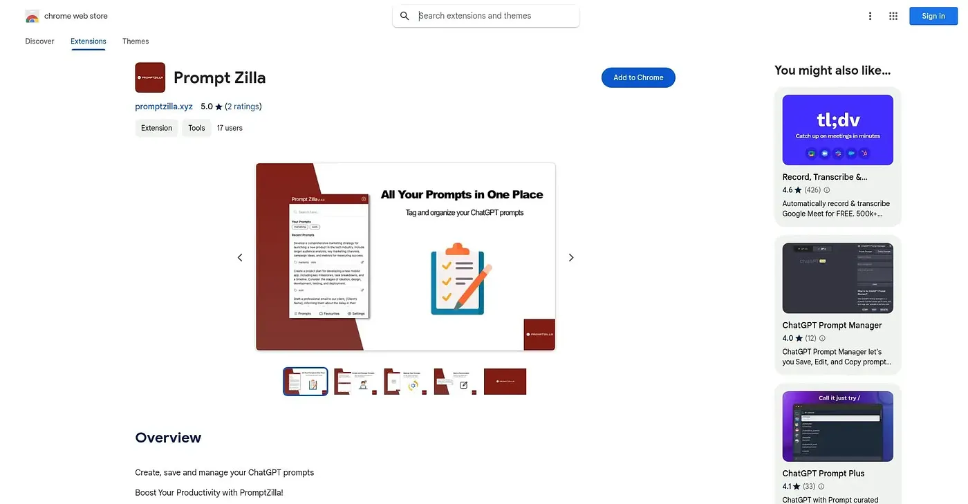 Screenshot of Prompt Zilla - Chrome Extension
