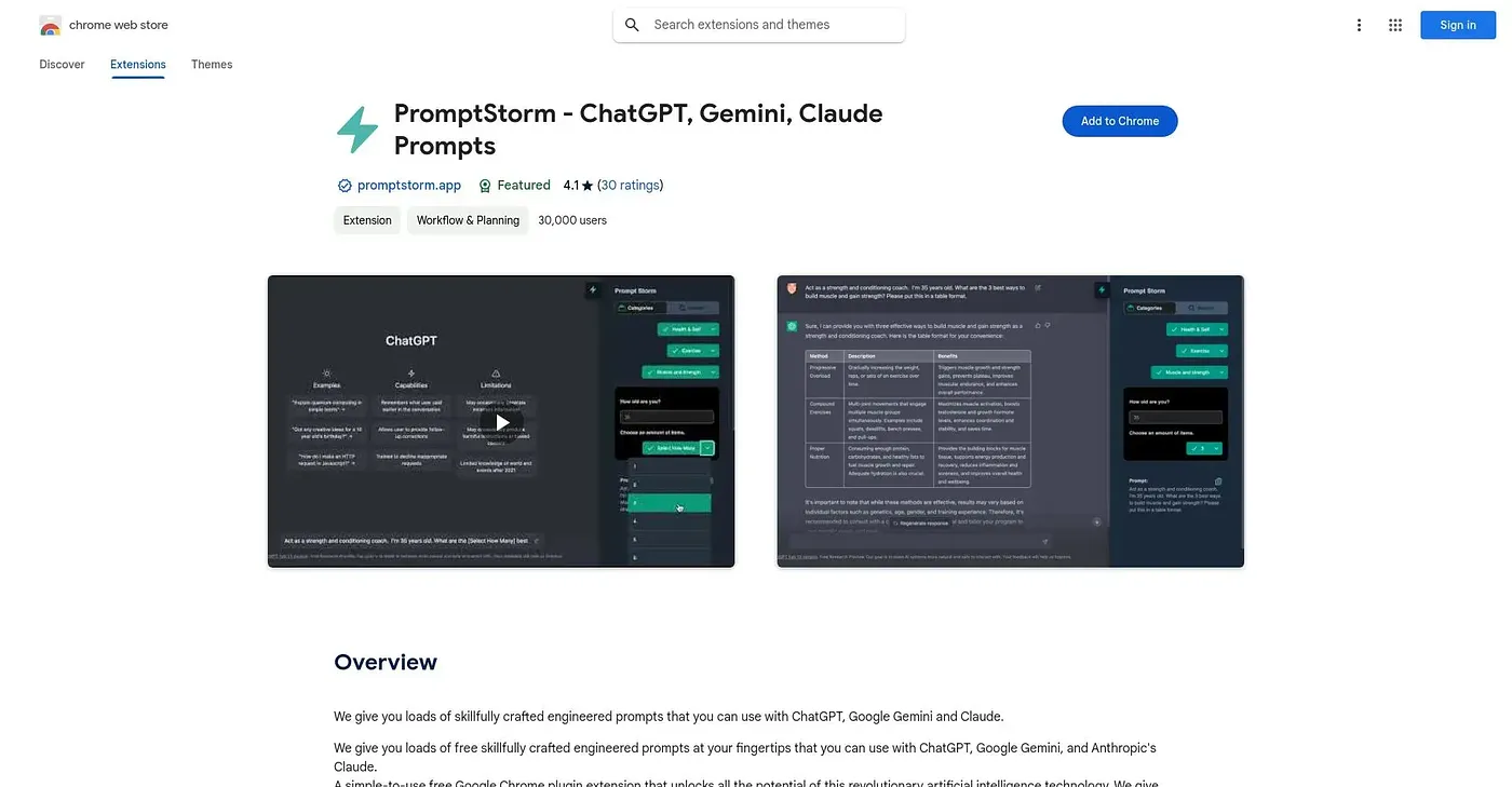 Screenshot of PromptStorm Chrome Extension