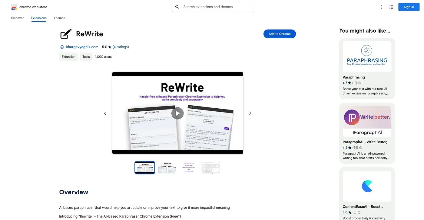 Screenshot of Rewrite Chrome Extension