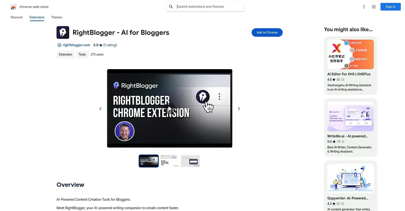 Screenshot of RightBlogger AI for Blogging Chrome Extension