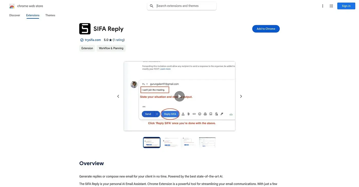 Screenshot of SIFA Reply Chrome Extension