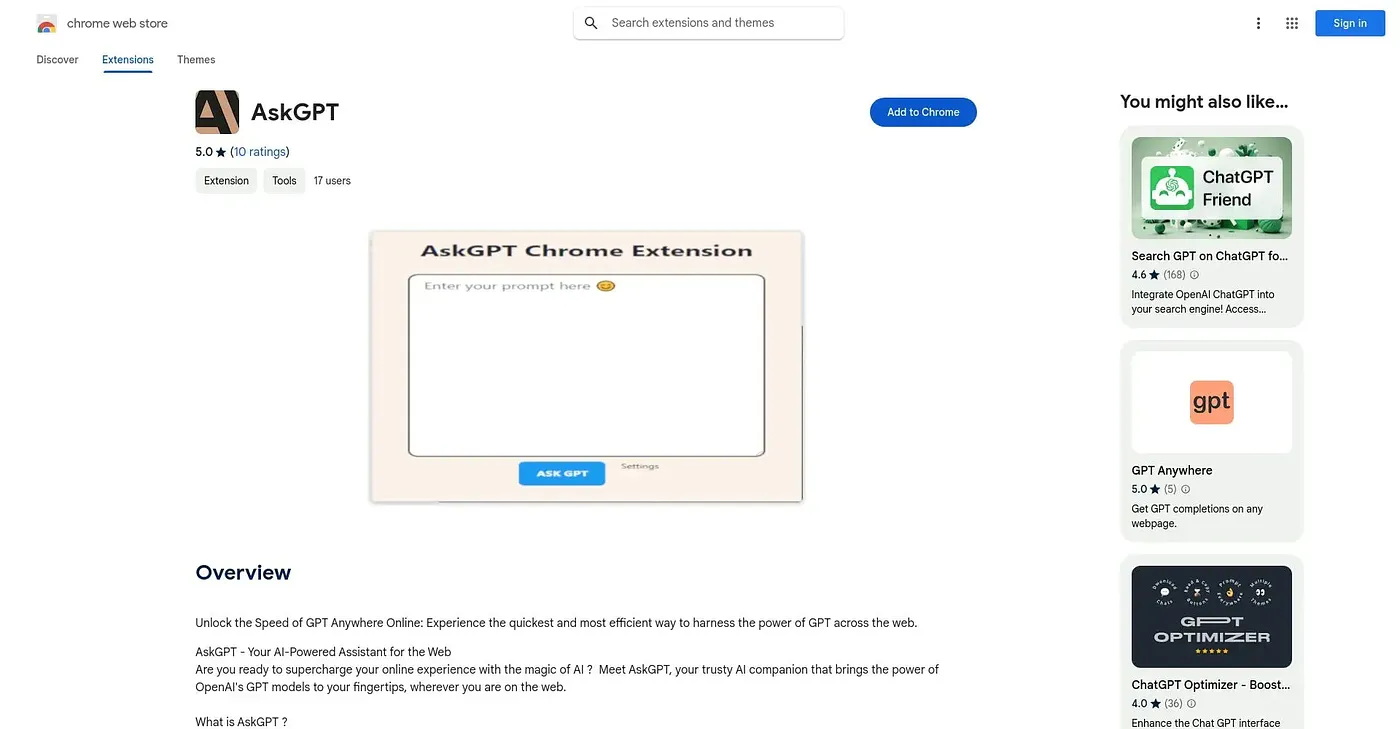 Screenshot of AskGPT Chrome Extension