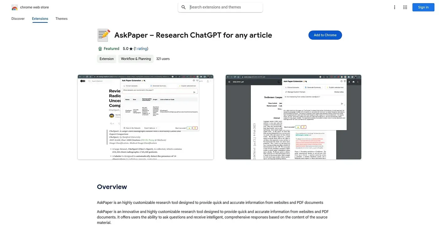 Screenshot of AskPaper – Research Chatg Chrome Extension
