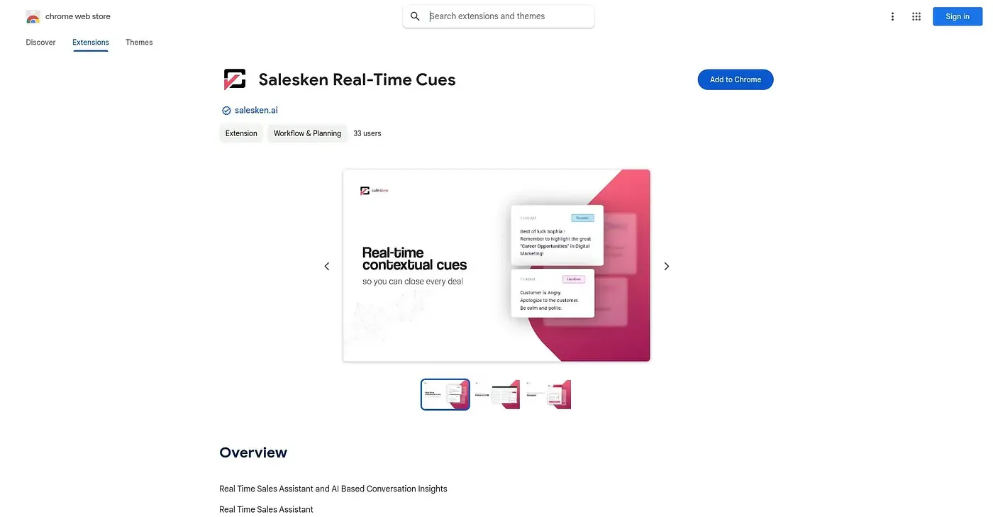 Screenshot of SalesKen Real Time Cues Chrome Extension