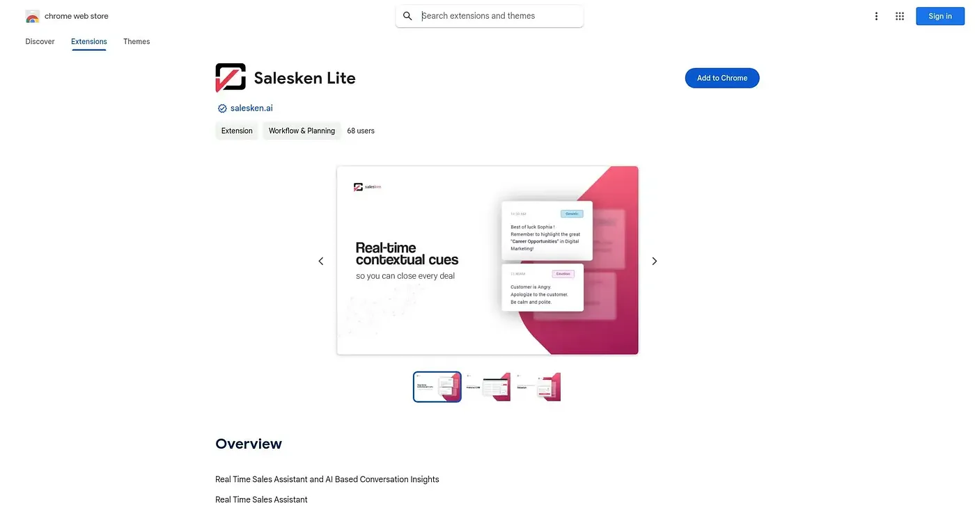 Screenshot of Salesken Lite Chrome Extension
