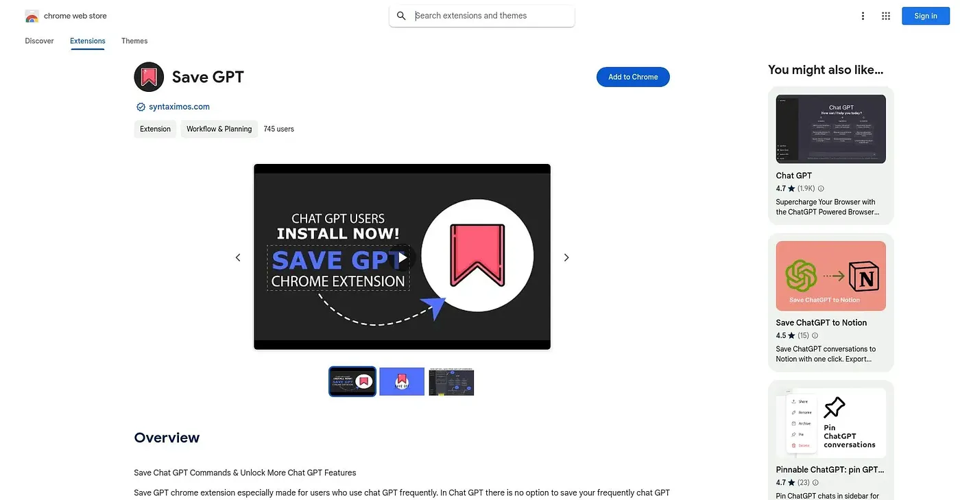 Screenshot of Save GPT Chrome Extension