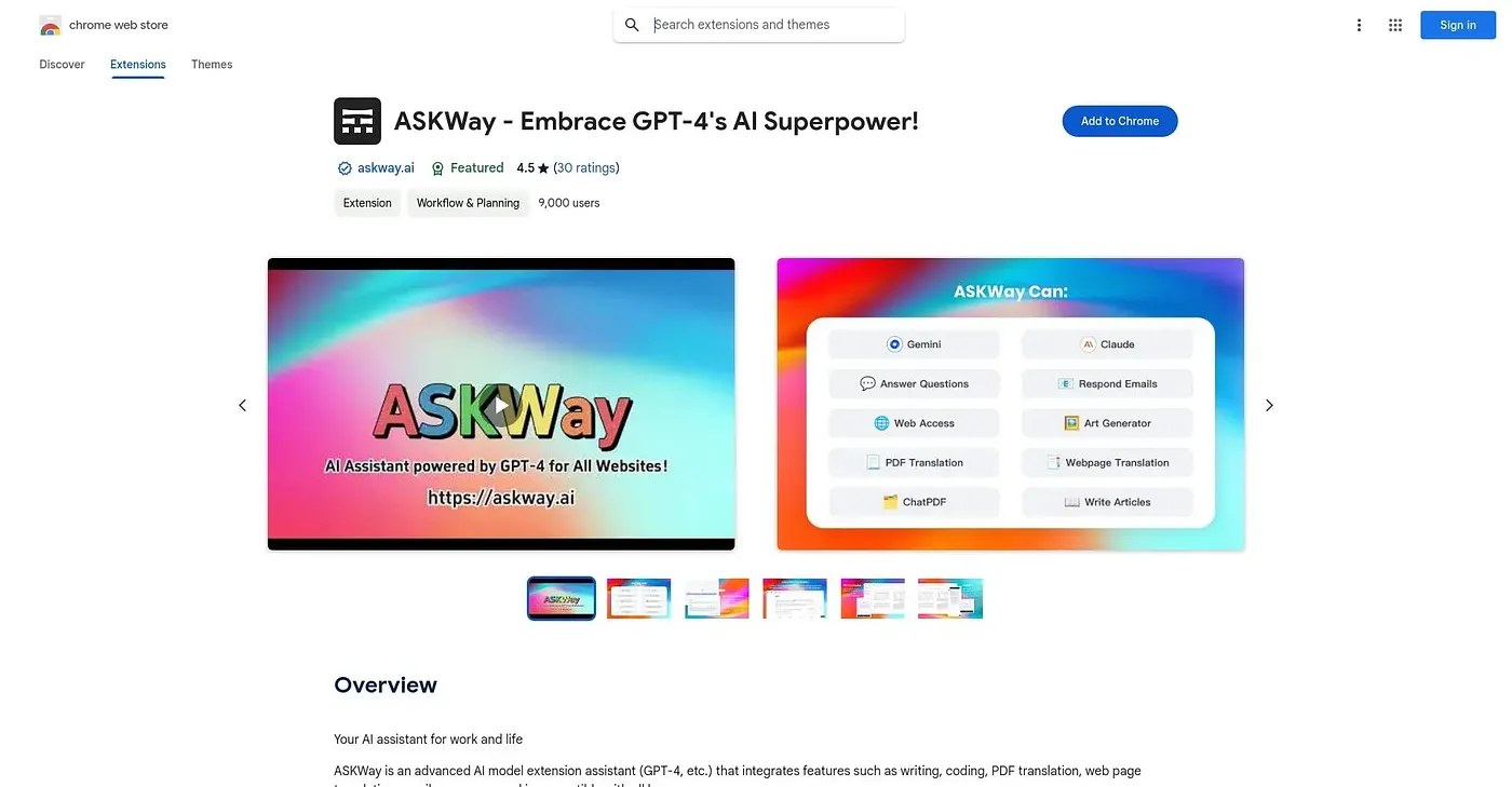 Screenshot of Askway Embrace GPT-4's AI Chrome Extension
