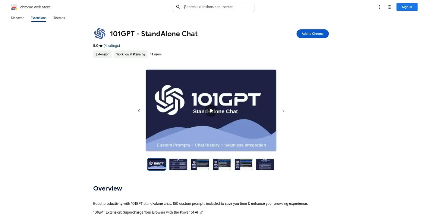 Screenshot of 101GPT Stand-Alone Chat Chrome Extension