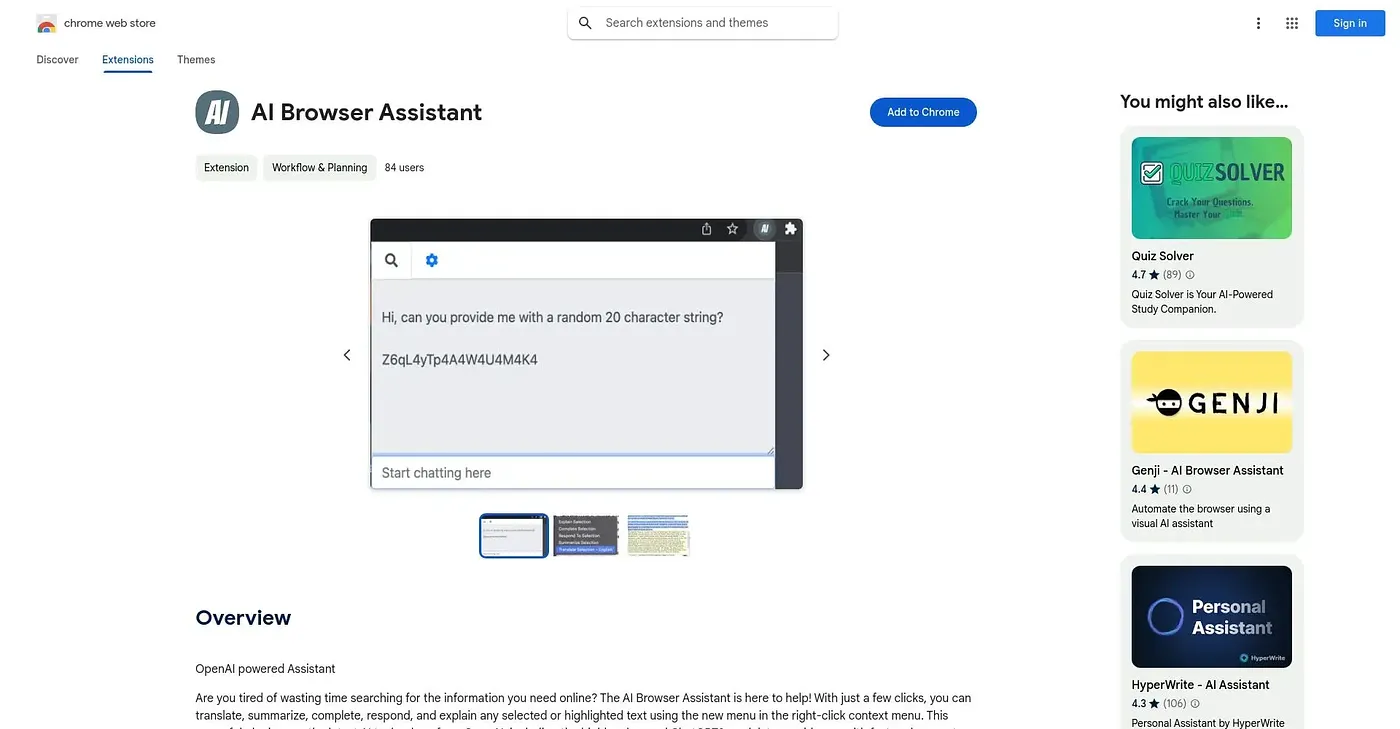 Screenshot of AI Browser Assistant - Chrome Extension