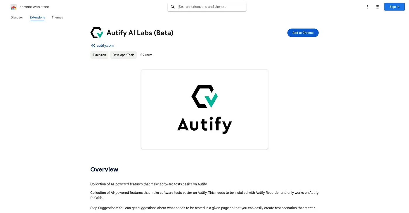 Screenshot of Autify AI Labs Beta Chrome Extension