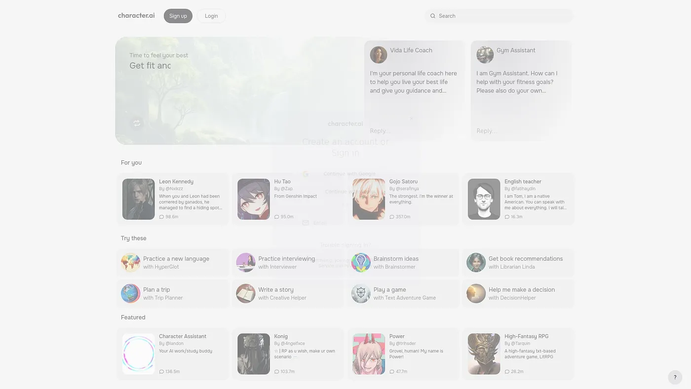 Screenshot of Character.AI