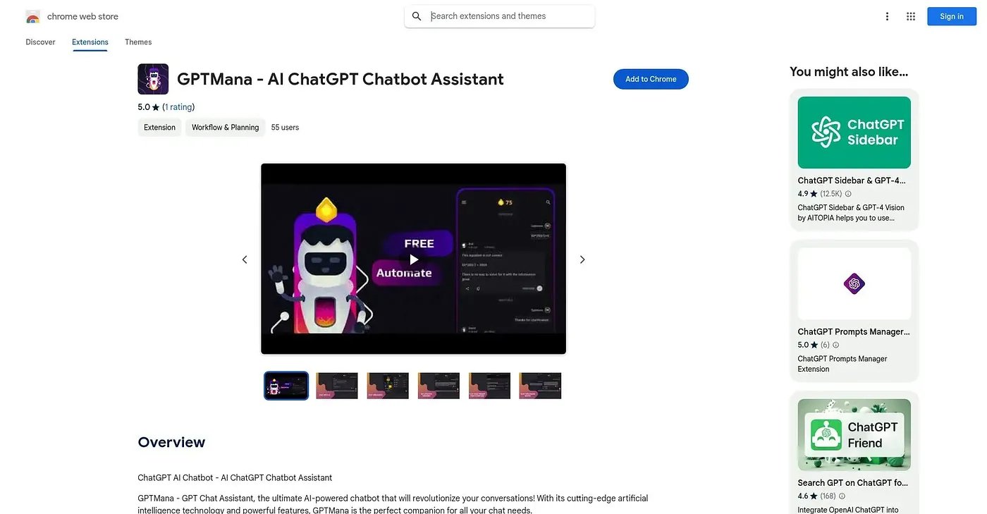 Screenshot of GPTMANA AI ChatGPT Chatbot Chrome Extension