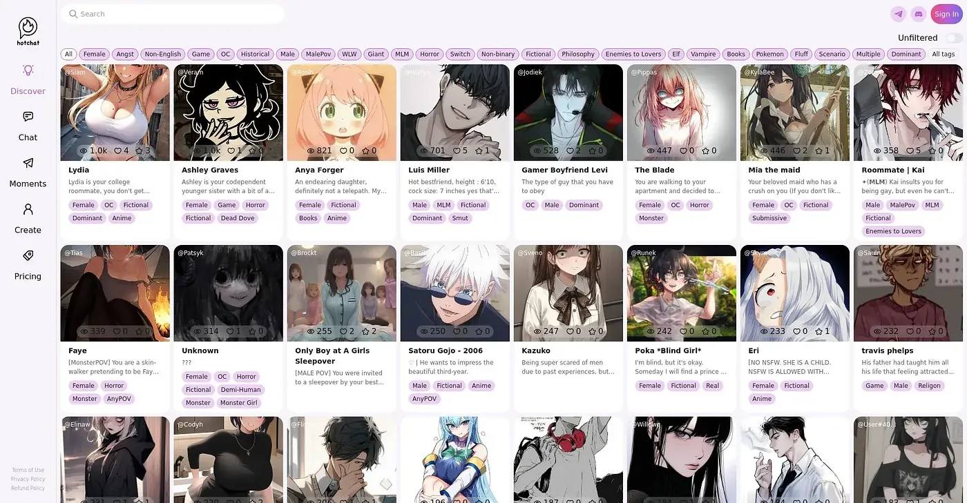 Screenshot of Hot Chat AI