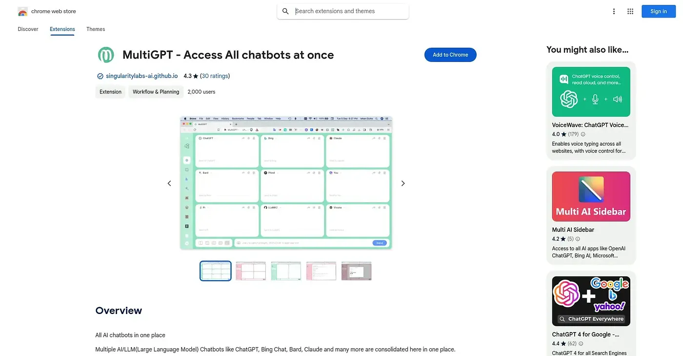 Screenshot of MultiGPT Access All Chatbots - Chrome Extension