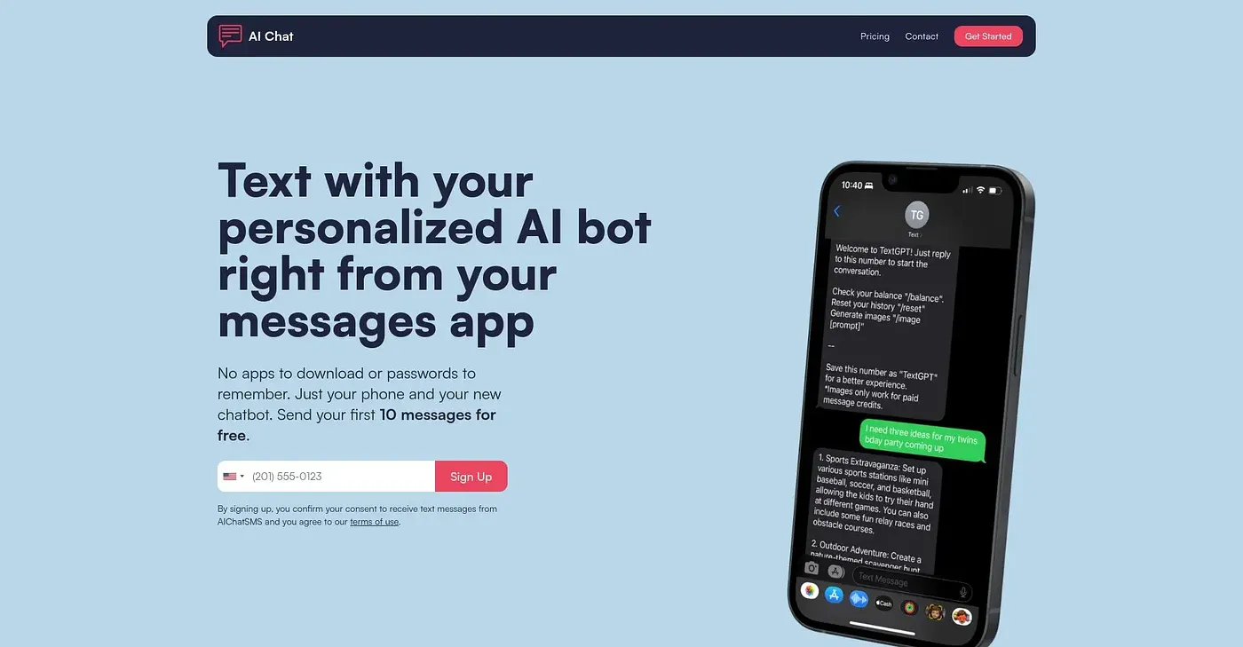Screenshot of AI Chat SMS