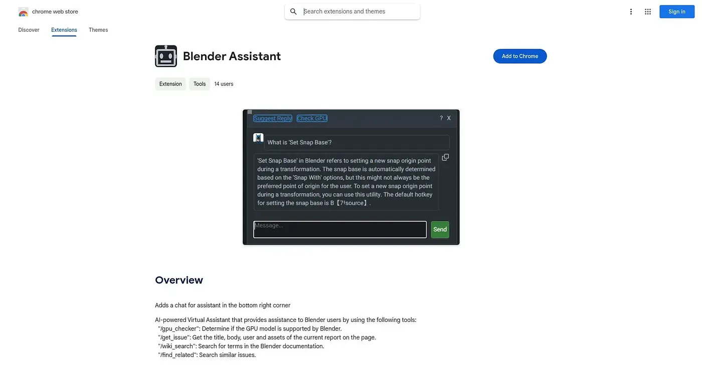 Screenshot of Blender Assistant Chrome Extension