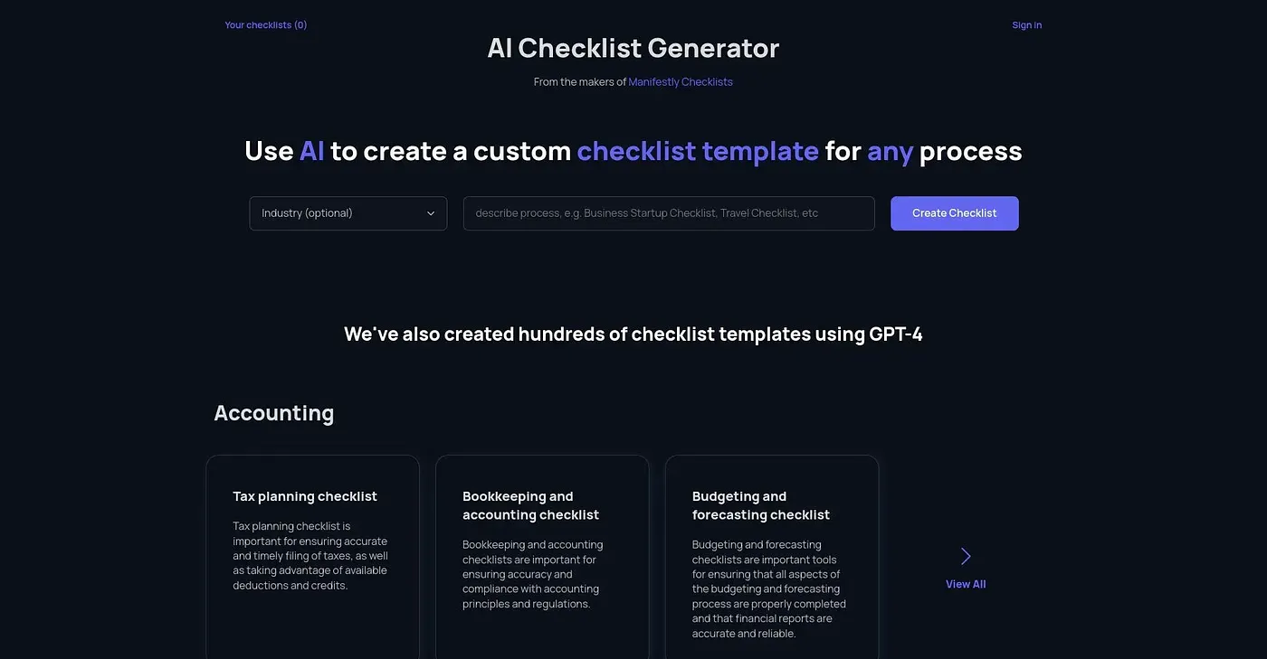 Screenshot of AI Checklist Generator
