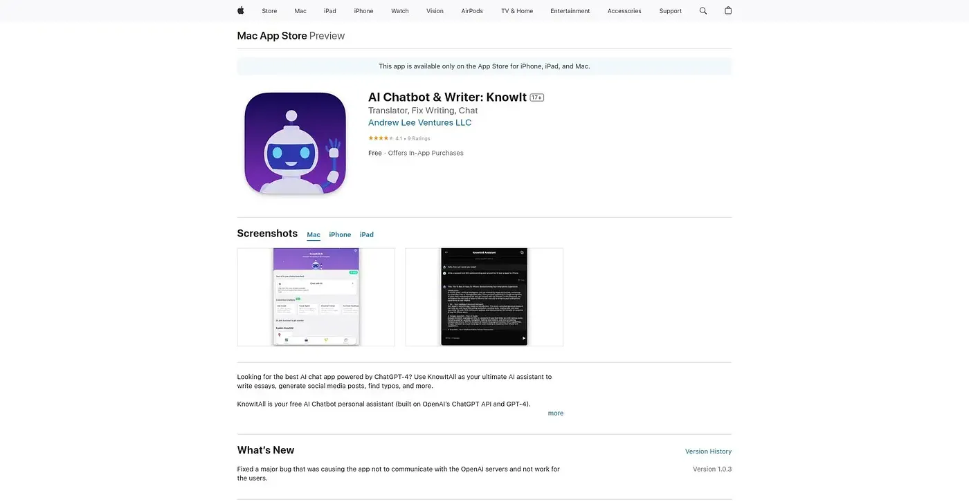 Screenshot of AI Chatbot & Writer: KnowIt