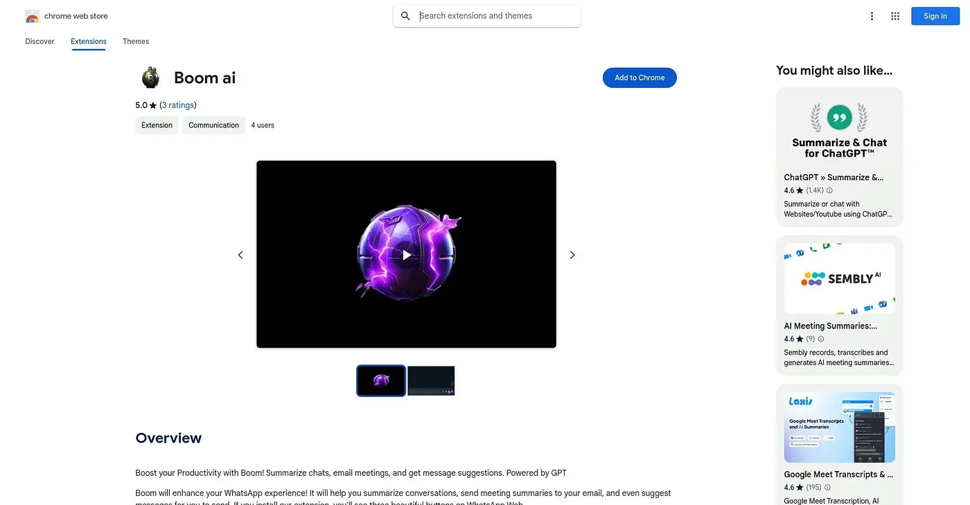 Screenshot of Boom AI Chrome Extension