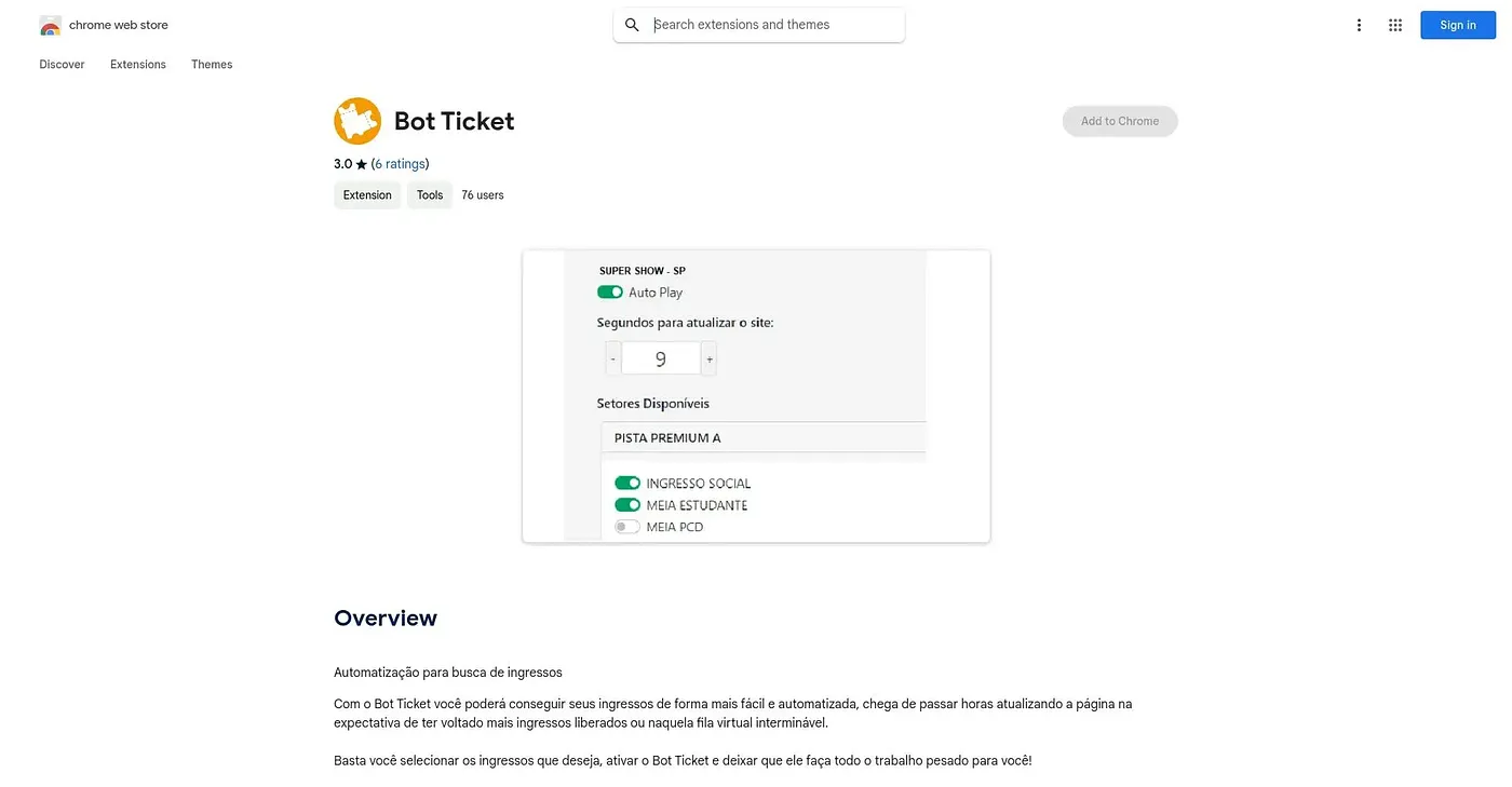 Screenshot of Bot Ticket Chrome Extension
