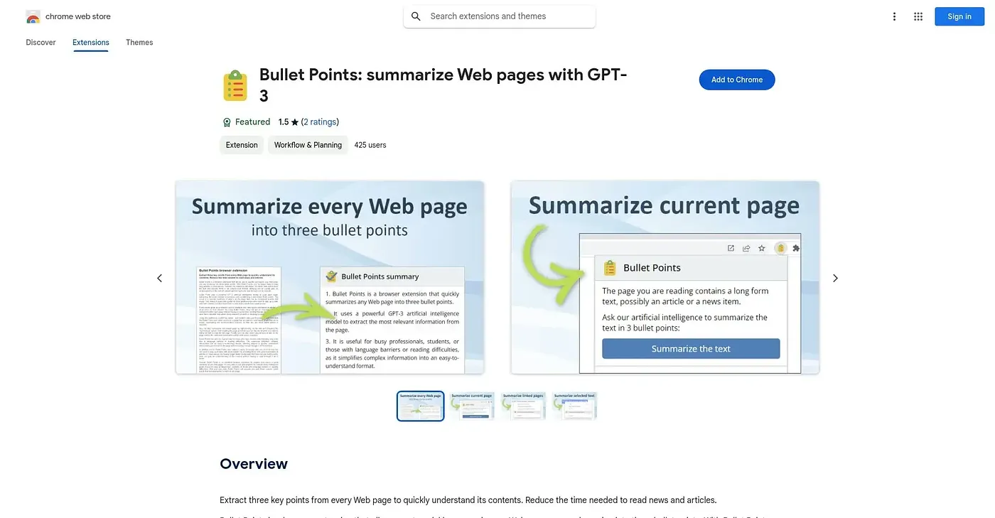 Screenshot of Bullet Points Summarize W Chrome Extension
