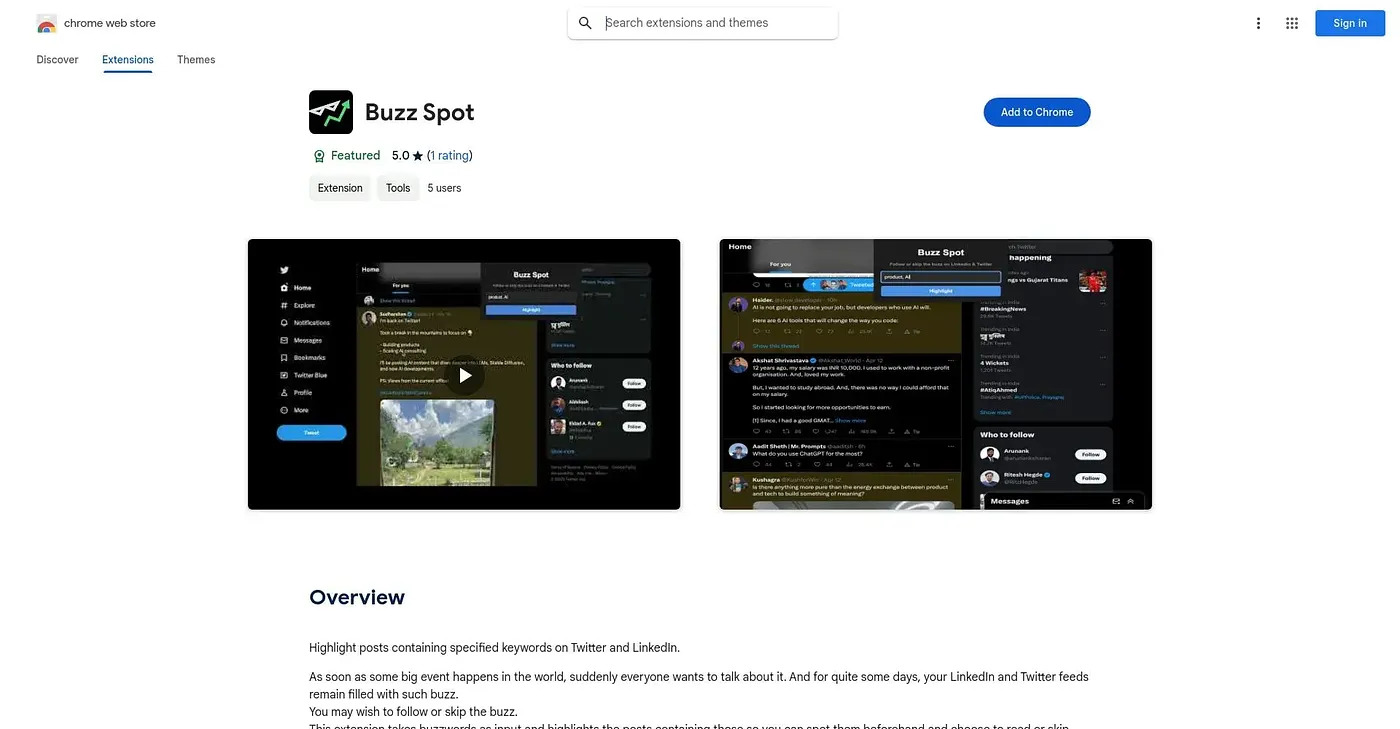 Screenshot of Buzz Spot Chrome Extension