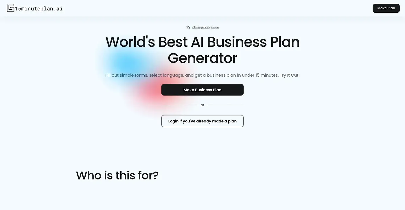 Screenshot of 15 Minute Plan AI
