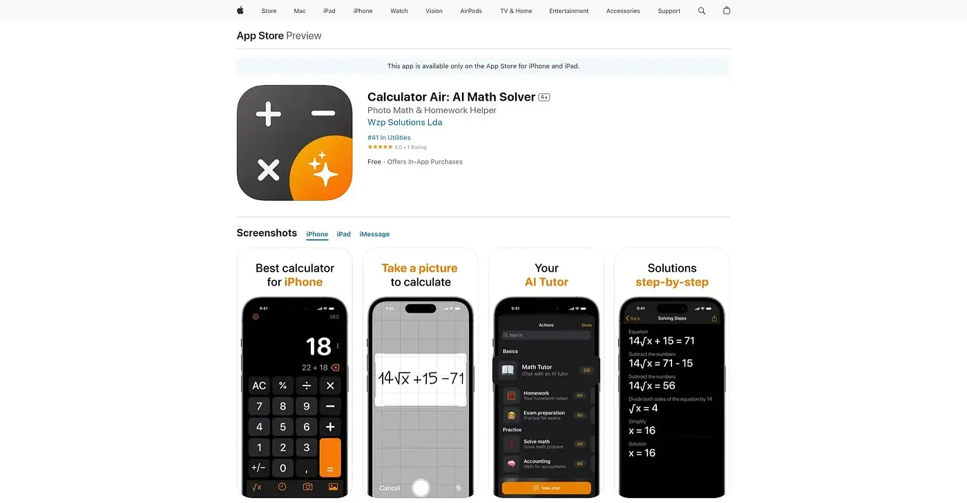 Screenshot of Calculator Air: AI Math Solver