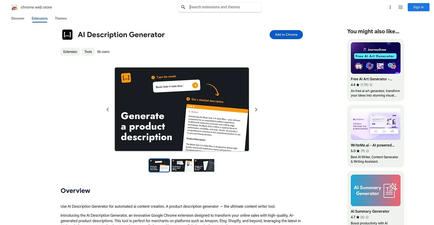 Screenshot of AI Description Generator