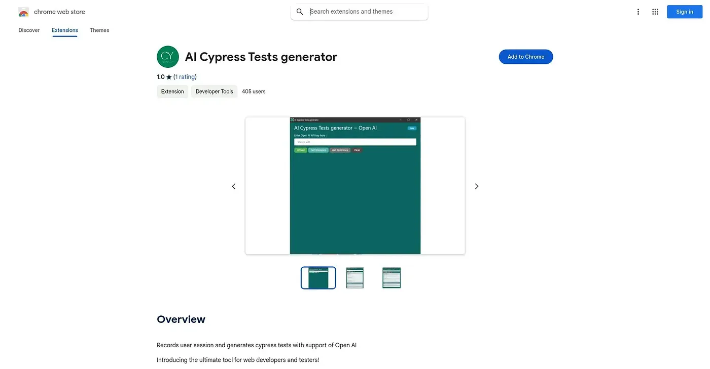 Screenshot of AI Cypress Tests Generator - Chrome Extension