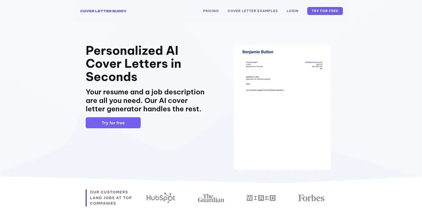 Screenshot of COVER LETTER BUDDY