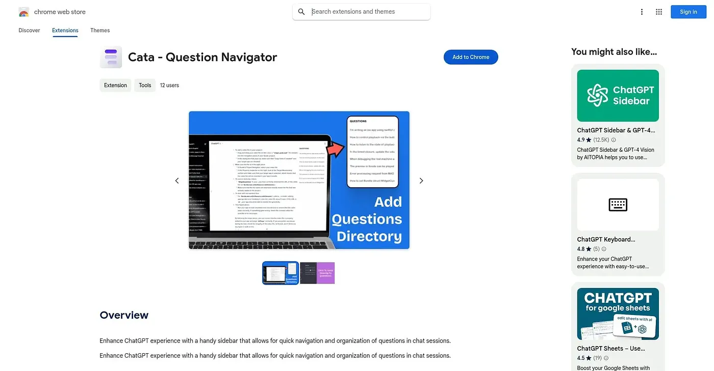 Screenshot of Cata AI Chat Directory Chrome Extension