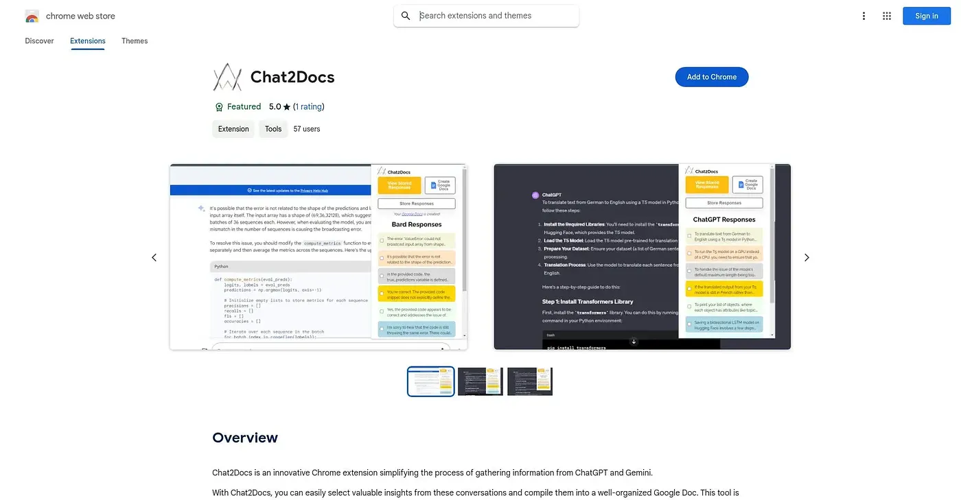 Screenshot of Chat2Docs Chrome Extension