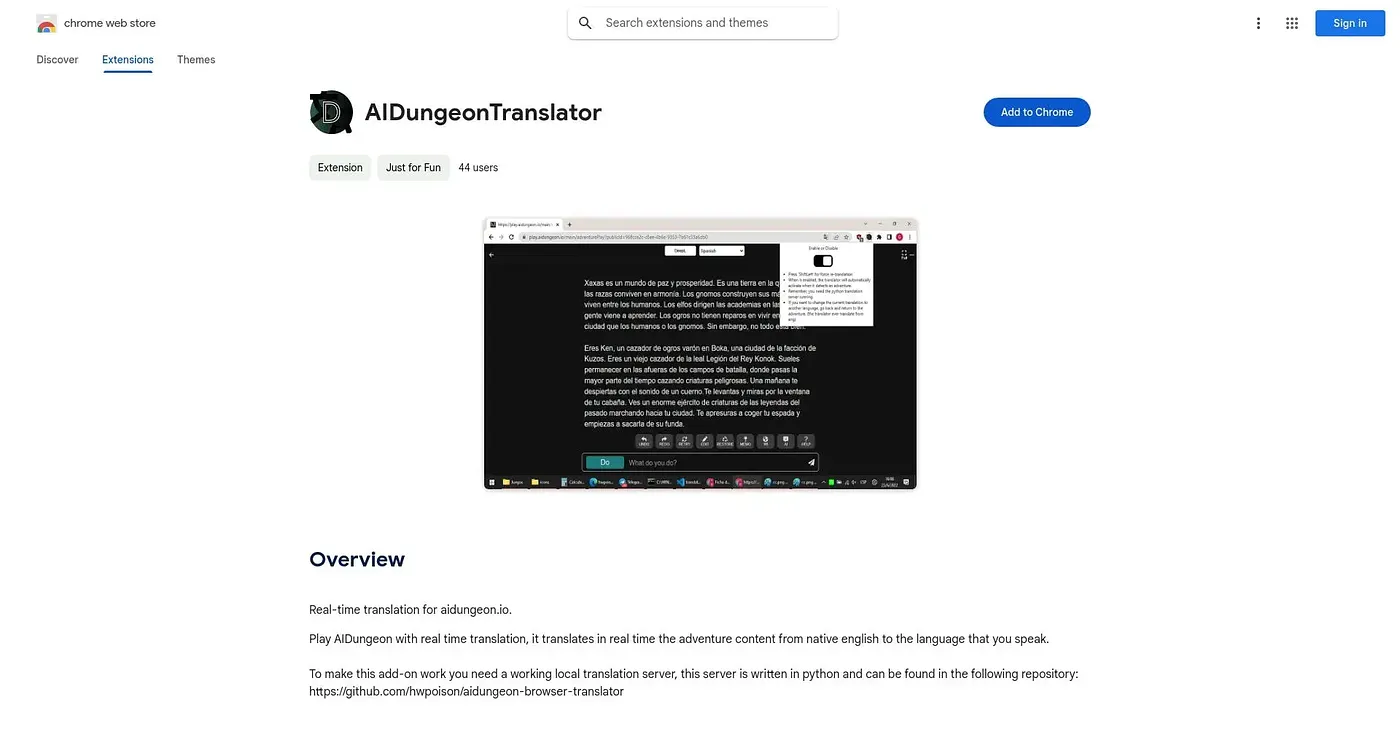 Screenshot of AI Dungeon Translator Chrome Extension
