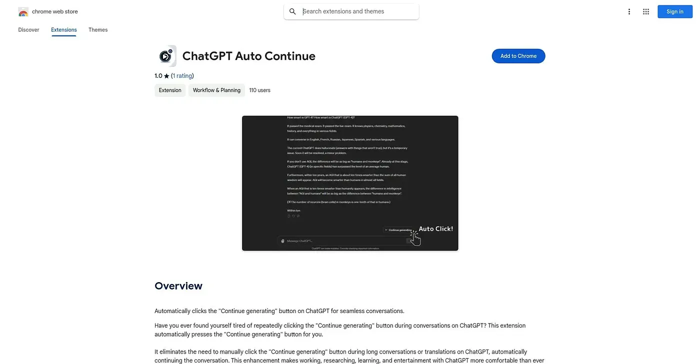 Screenshot of ChatGPT Auto Continue Chrome Extension